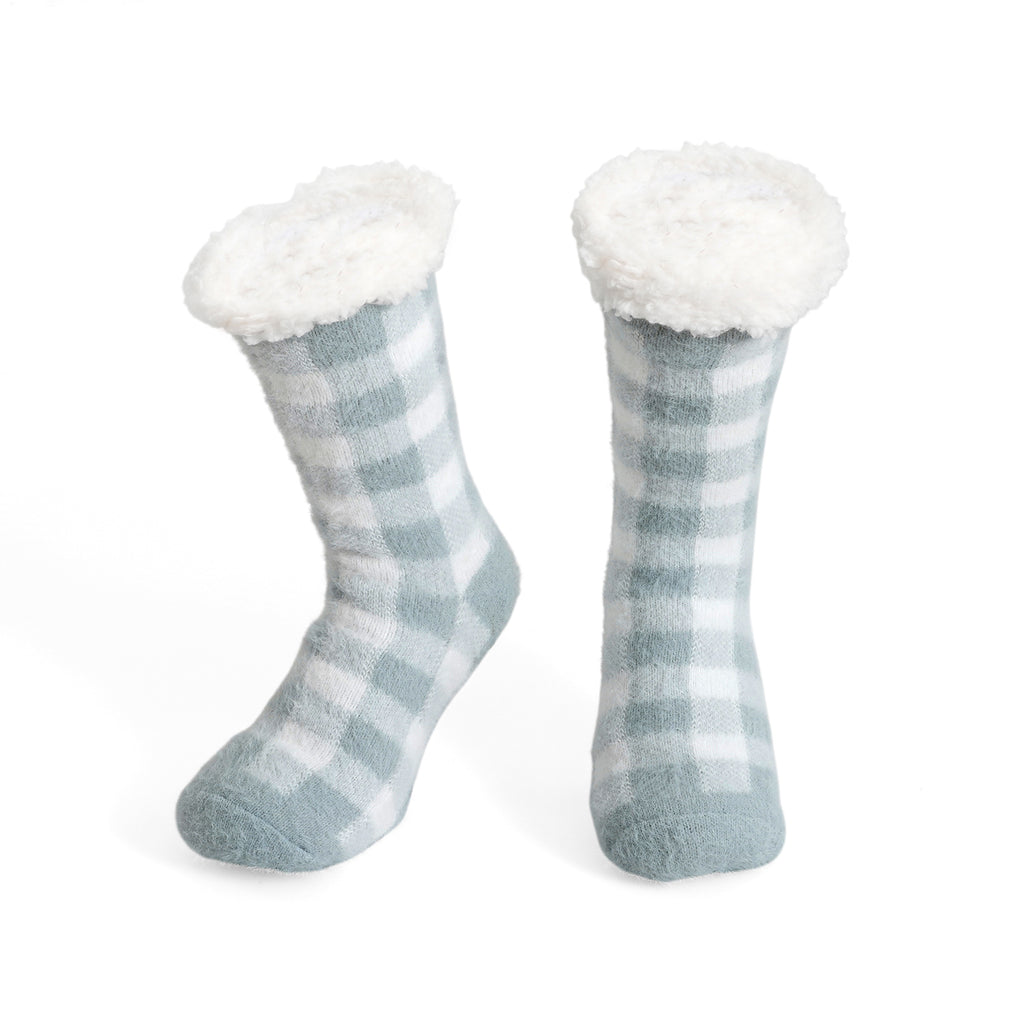 LIVMORE 2-Piece Bamboo Towel & Sherpa Fleece Checked Socks Christmas Gift Set - Grey & White_4507718_2
