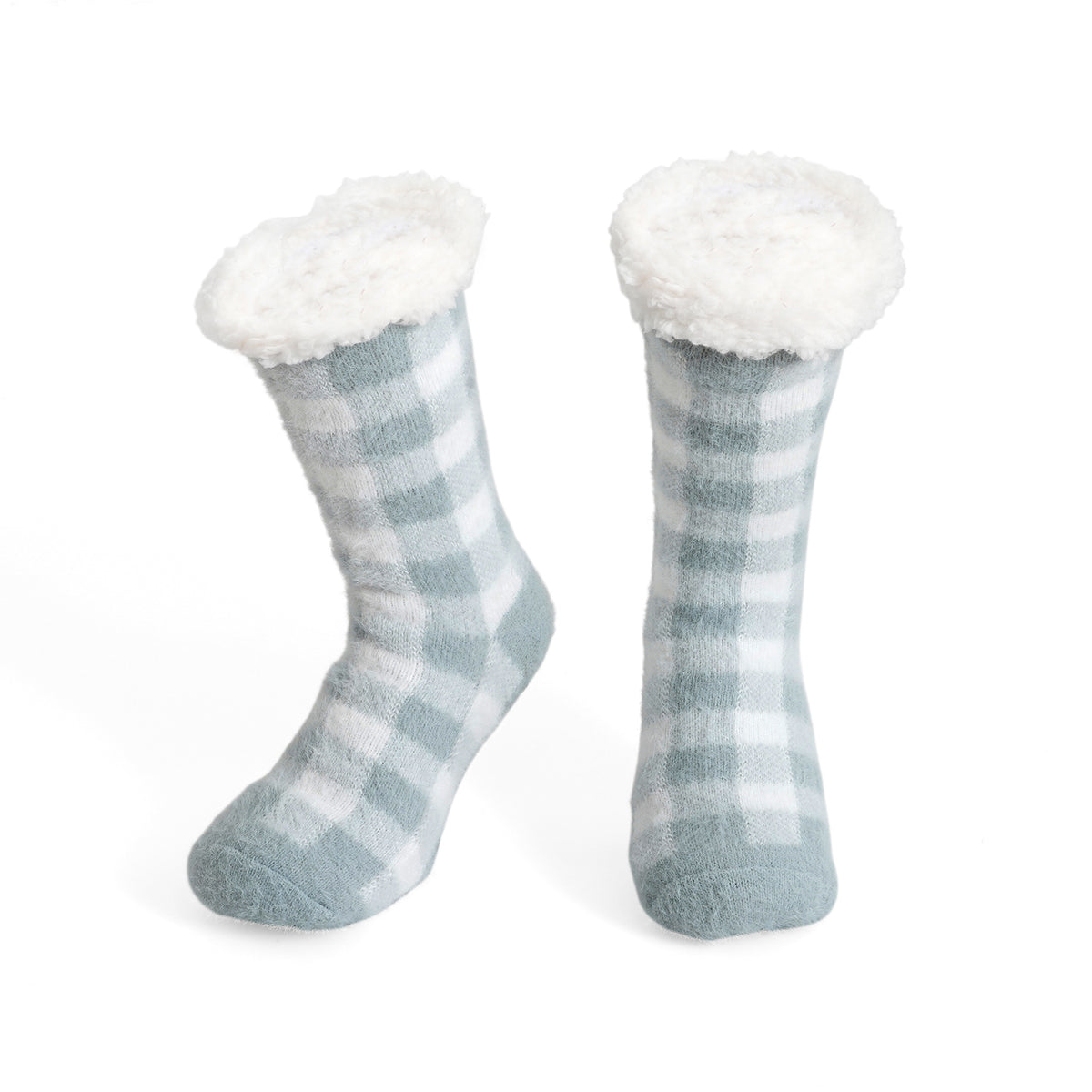 LIVMORE 2-Piece Bamboo Towel &amp; Sherpa Fleece Checked Socks Christmas Gift Set - Grey &amp; White 4507718 2