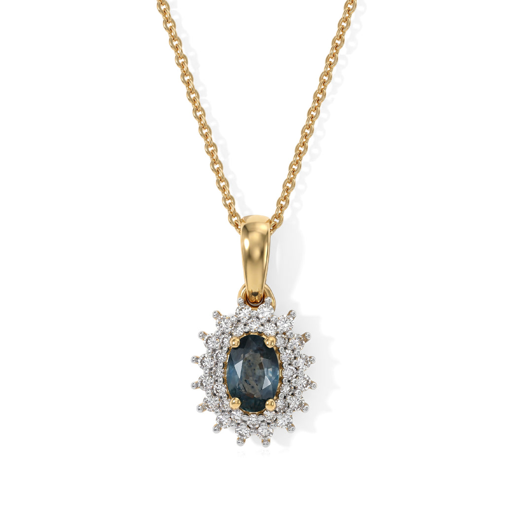 D'Joy - Montana Sapphire & Lab Grown Diamond (SI/G-H) Halo Pendant with Chain (Size 20) in 18K Vermeil Yellow Gold Plated Sterling Silver 1.00 Ct._4507859