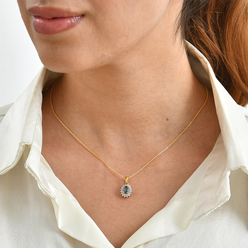 D'Joy - Montana Sapphire & Lab Grown Diamond (SI/G-H) Halo Pendant with Chain (Size 20) in 18K Vermeil Yellow Gold Plated Sterling Silver 1.00 Ct._4507859_1