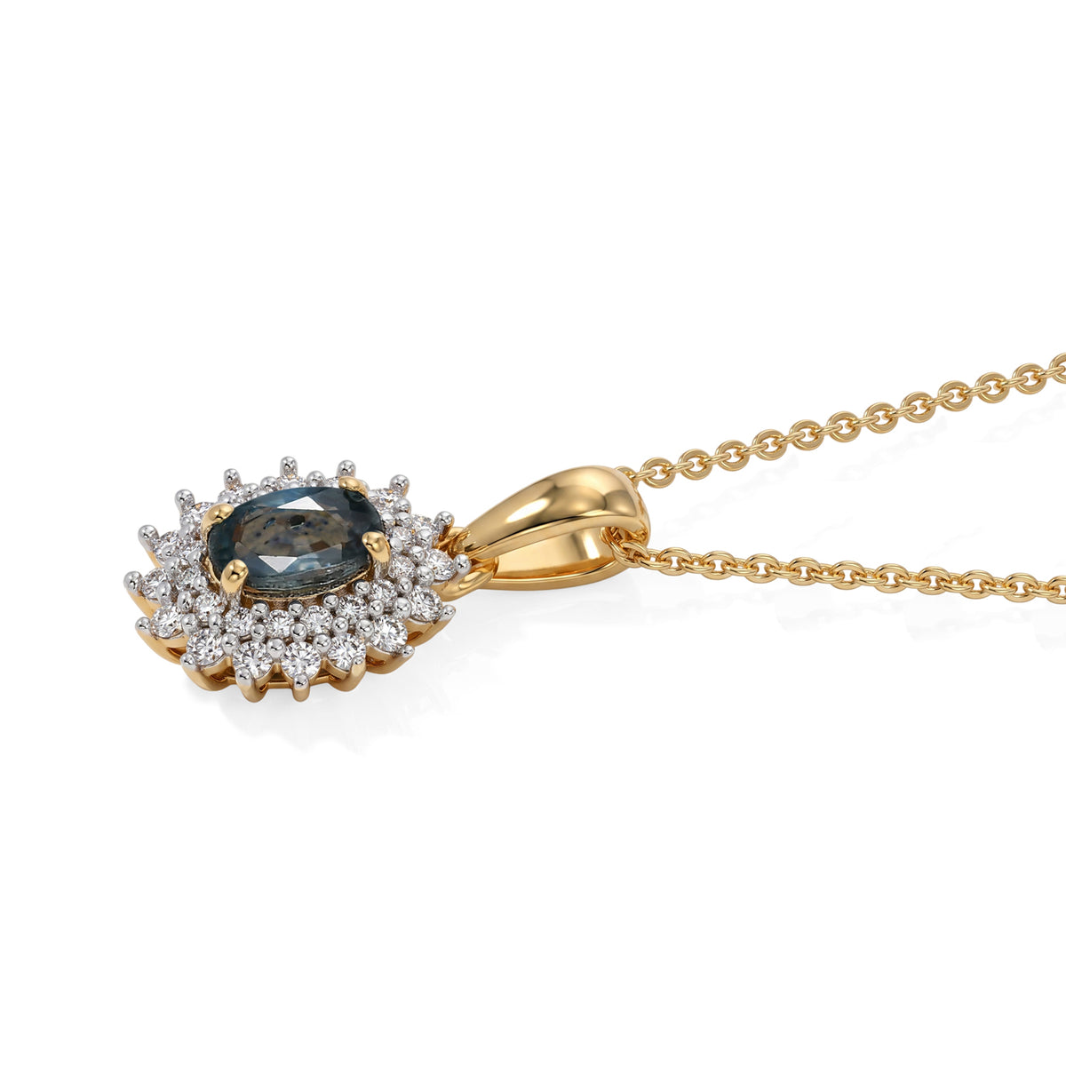 D'Joy - Montana Sapphire &amp; Lab Grown Diamond (SI/G-H) Halo Pendant with Chain (Size 20) in 18K Vermeil Yellow Gold Plated Sterling Silver 1.00 Ct. 4507859 3