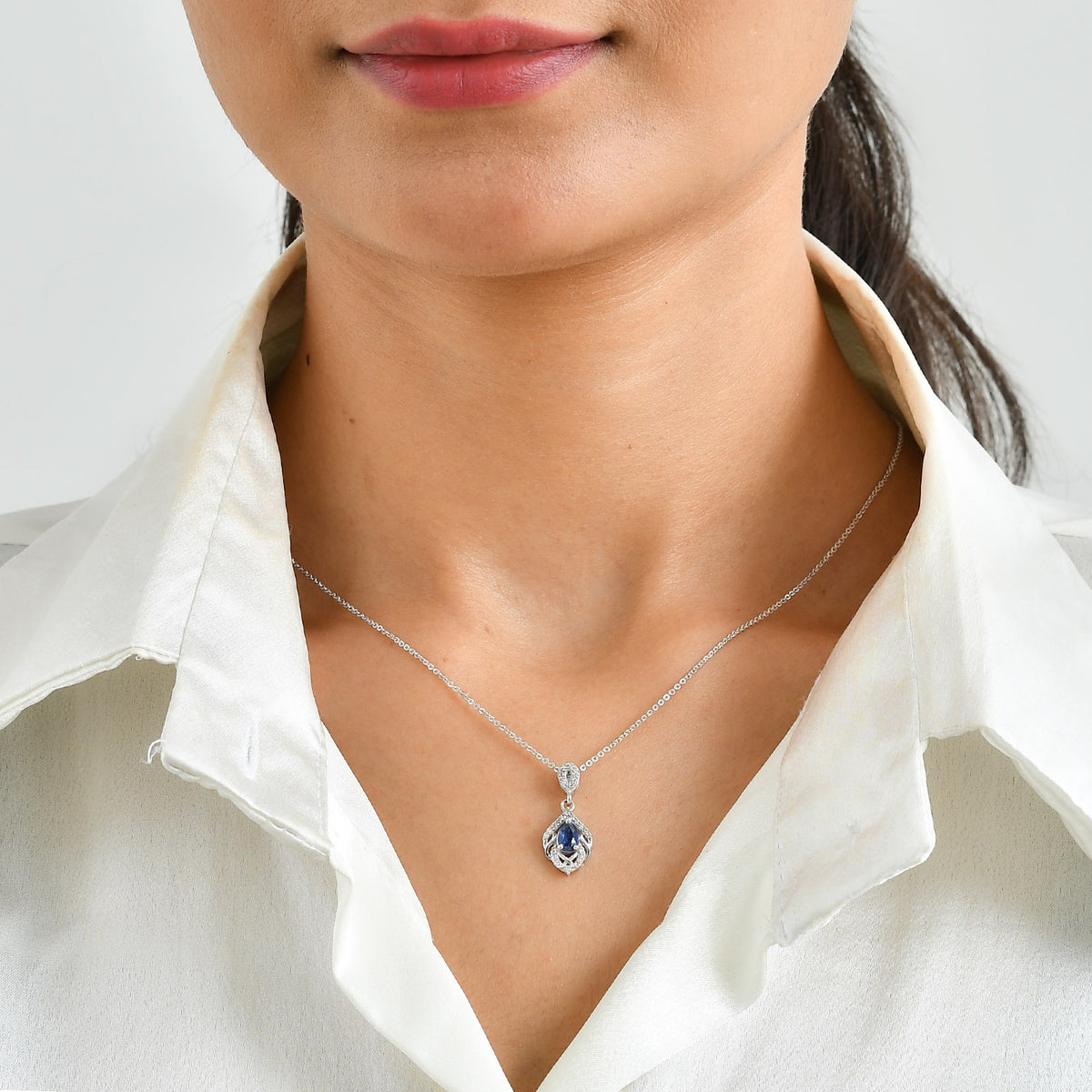 D'Joy - AAA Natural Kashmir Kyanite &amp; White Zircon Teardrop Halo Pendant with Chain (Size 20) in Platinum Overlay Sterling Silver V32575843 2