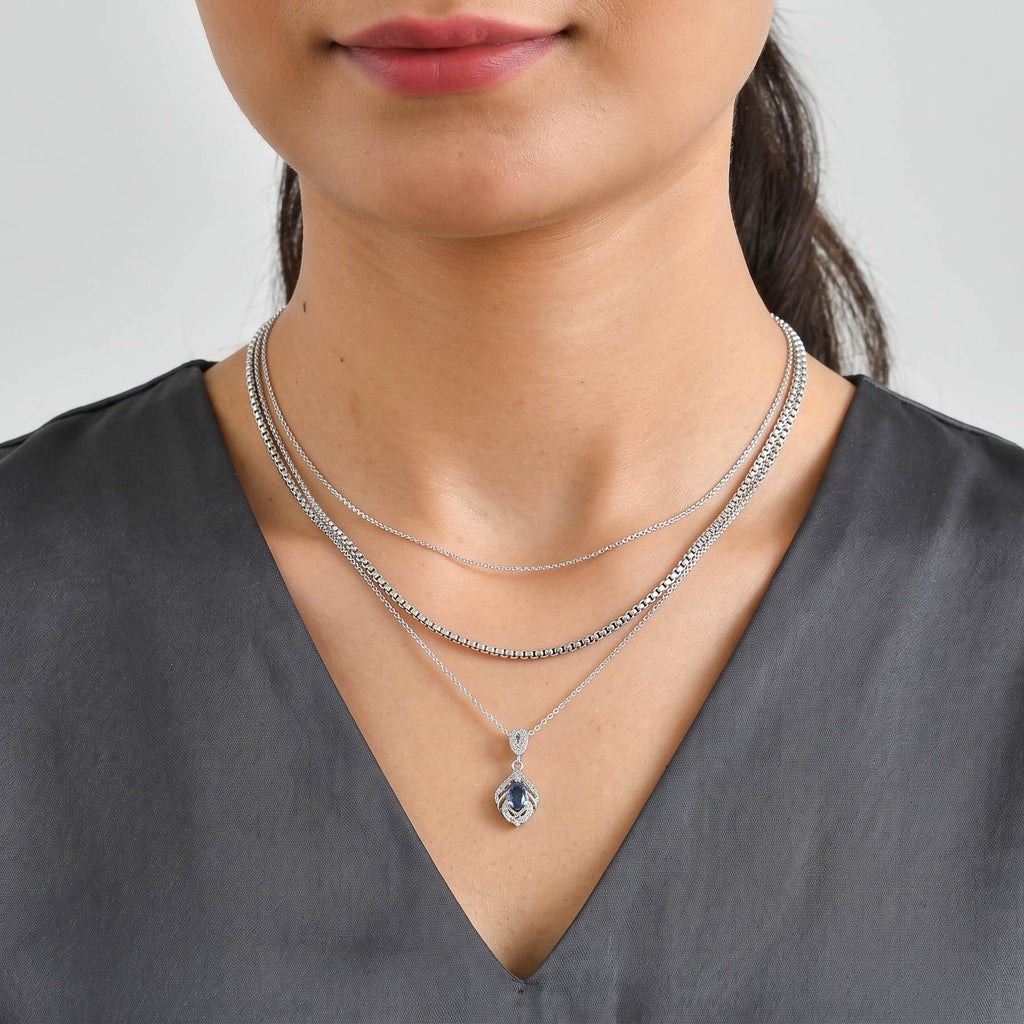 D'Joy - Kyanite & White Zircon Halo Pendant with Chain (Size 20) in Platinum Overlay Sterling Silver_4508078_2
