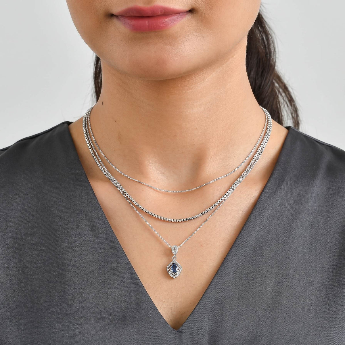 D'Joy - AAA Natural Kashmir Kyanite &amp; White Zircon Teardrop Halo Pendant with Chain (Size 20) in Platinum Overlay Sterling Silver V32575843 3