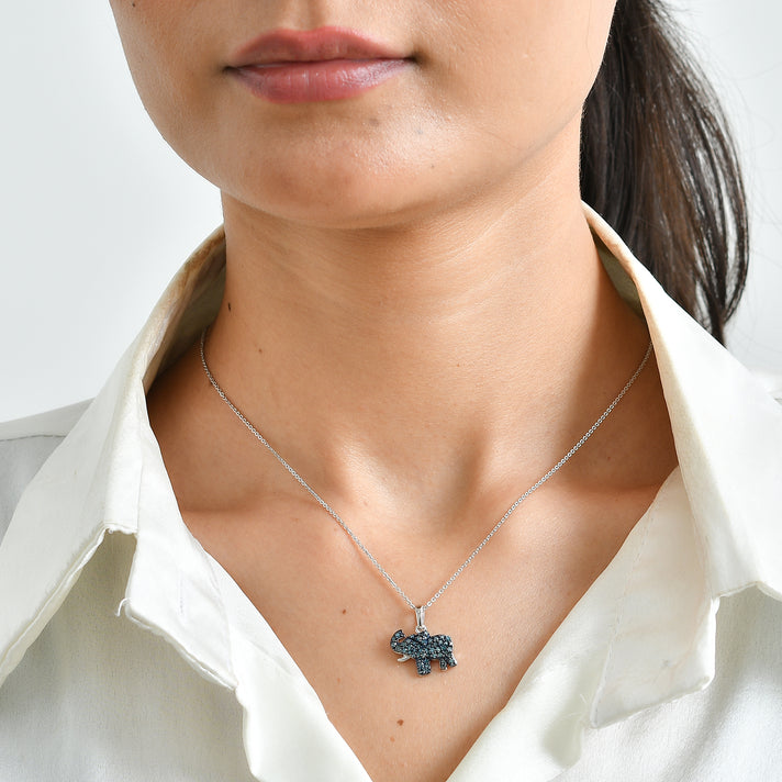 GP - Blue Diamond &amp; Blue Sapphire Elephant Pendant with Chain (Size 20) in Rhodium Overlay Sterling Silver 0.50 Ct. 4508223 2