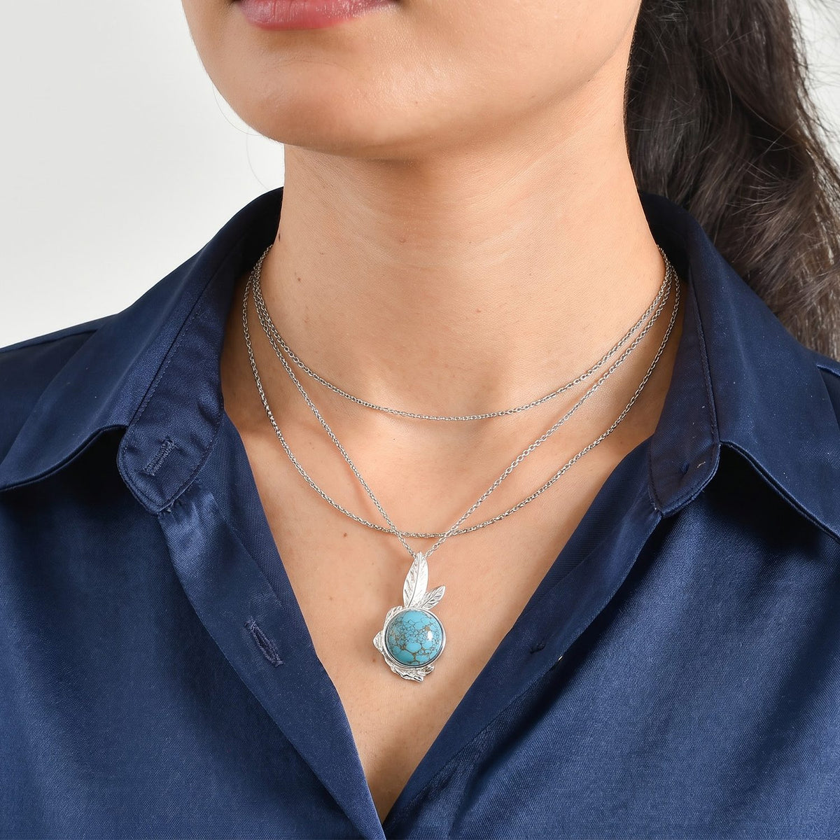 EverTrue - Blue Turquoise Solitaire Leaf Pendant with Chain (Size 20) 10.20 Ct. V32575823 3