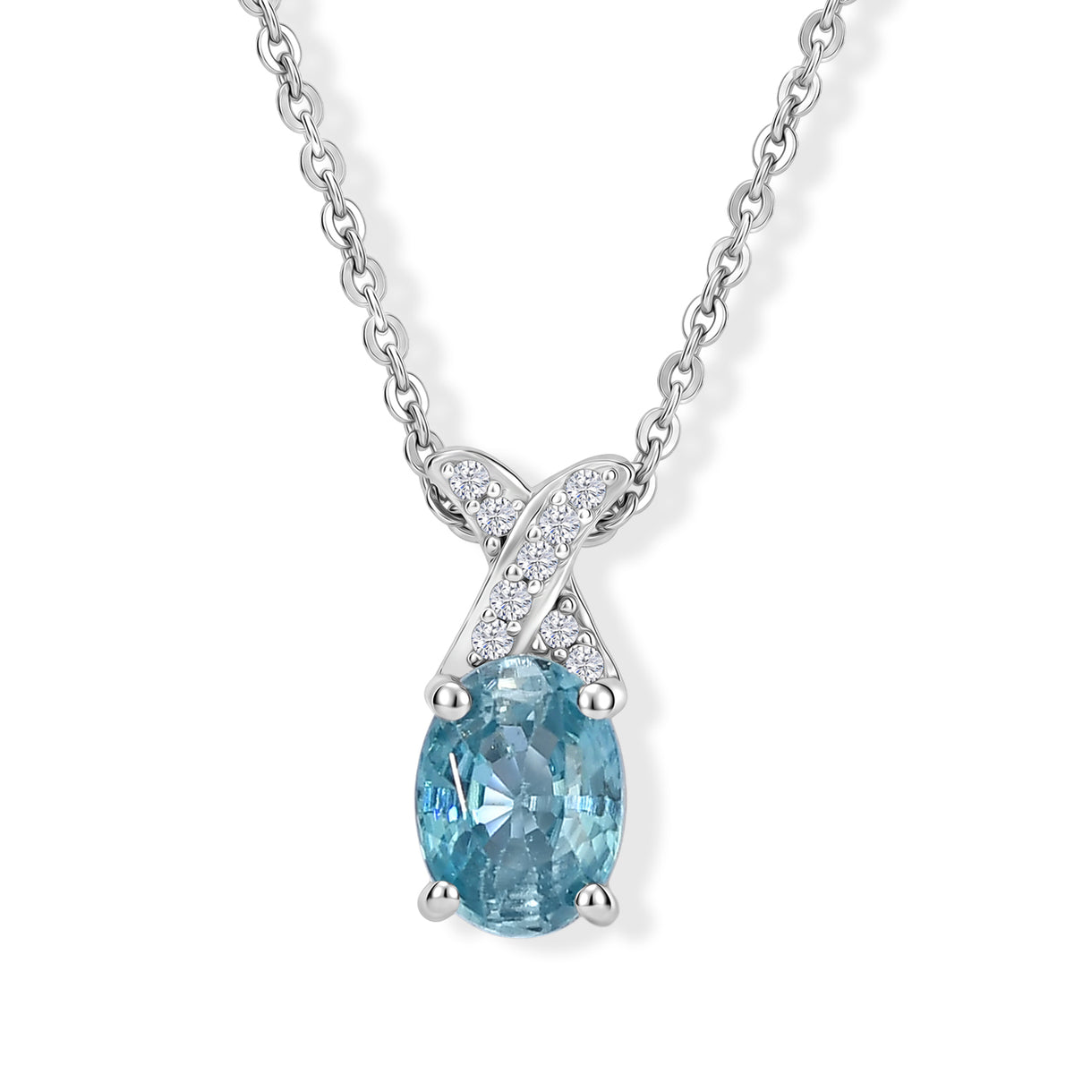 D'Joy - AAA RatanakirI Blue Zircon &amp; White Zircon X-Motif Solitaire Pendant with Chain (Size 20) in Rhodium Overlay Sterling Silver 1.30 Ct. 4508792 0