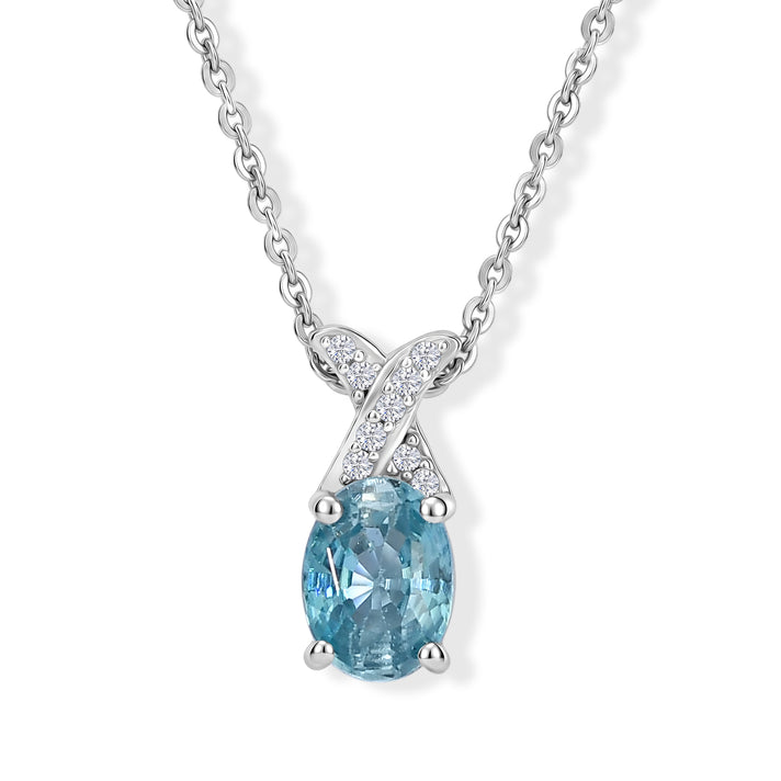 D'Joy - AAA RatanakirI Blue Zircon &amp; White Zircon X-Motif Solitaire Pendant with Chain (Size 20) in Rhodium Overlay Sterling Silver 1.30 Ct. 4508792 1