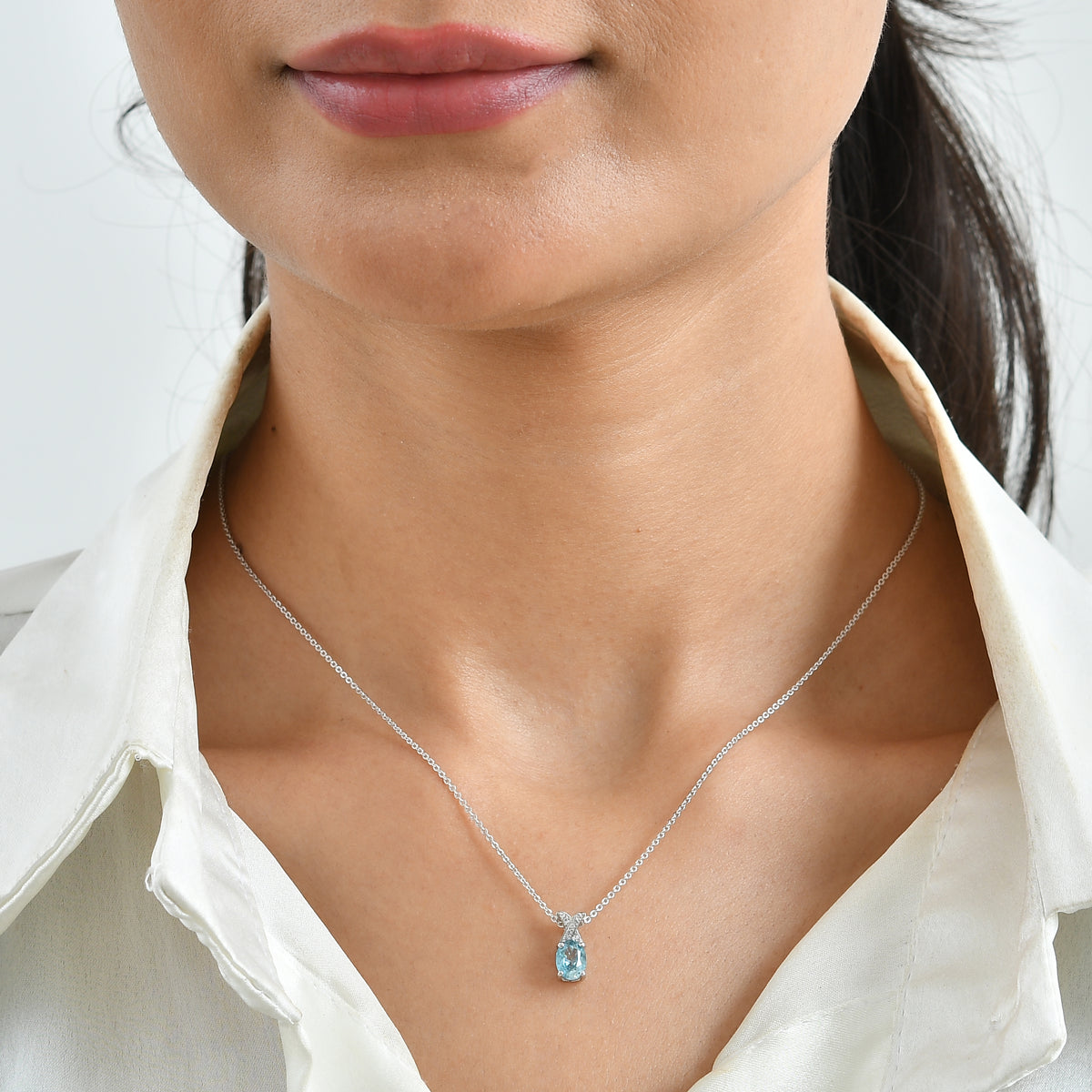 D'Joy - AAA RatanakirI Blue Zircon &amp; White Zircon X-Motif Solitaire Pendant with Chain (Size 20) in Rhodium Overlay Sterling Silver 1.30 Ct. 4508792 2