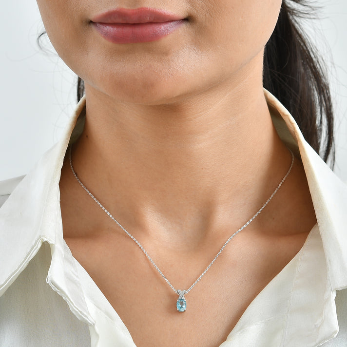 D'Joy - AAA RatanakirI Blue Zircon &amp; White Zircon X-Motif Solitaire Pendant with Chain (Size 20) in Rhodium Overlay Sterling Silver 1.30 Ct. 4508792 2