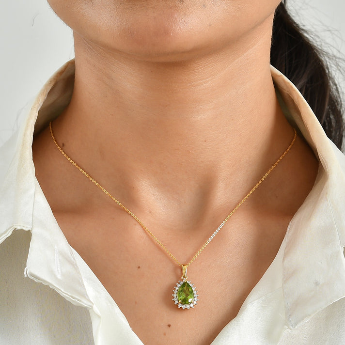 Heirloom Natural Hebei Peridot &amp; Grown Diamond (SI/G-H) Halo Pendant with Chain (Size 20) in 18K Vermeil Yellow Gold Plated Sterling Silver 3.45 Ct. 4509001 2