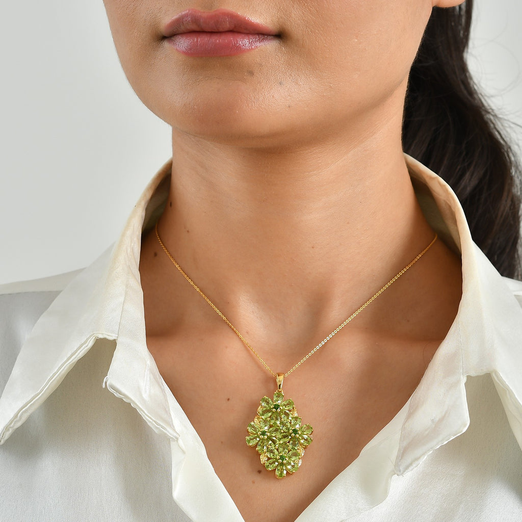 D'Joy - Natural Chrome Diopside & Peridot Pendant with Chain (Size 20) in 18K Vermeil Yellow Gold Plated Sterling Silver 10.70 Ct._4509008_1