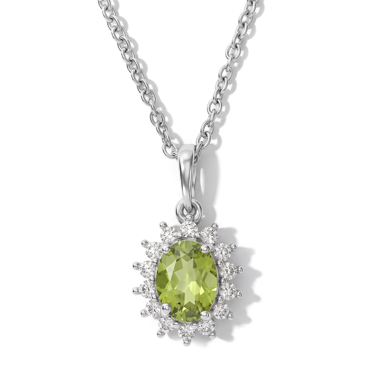 D'Joy - Natural Hebei Peridot &amp; White Zircon Halo Pendant in Platinum Overlay Sterling Silver with Chain (Size 20) 1.63 Ct. V32589320 0