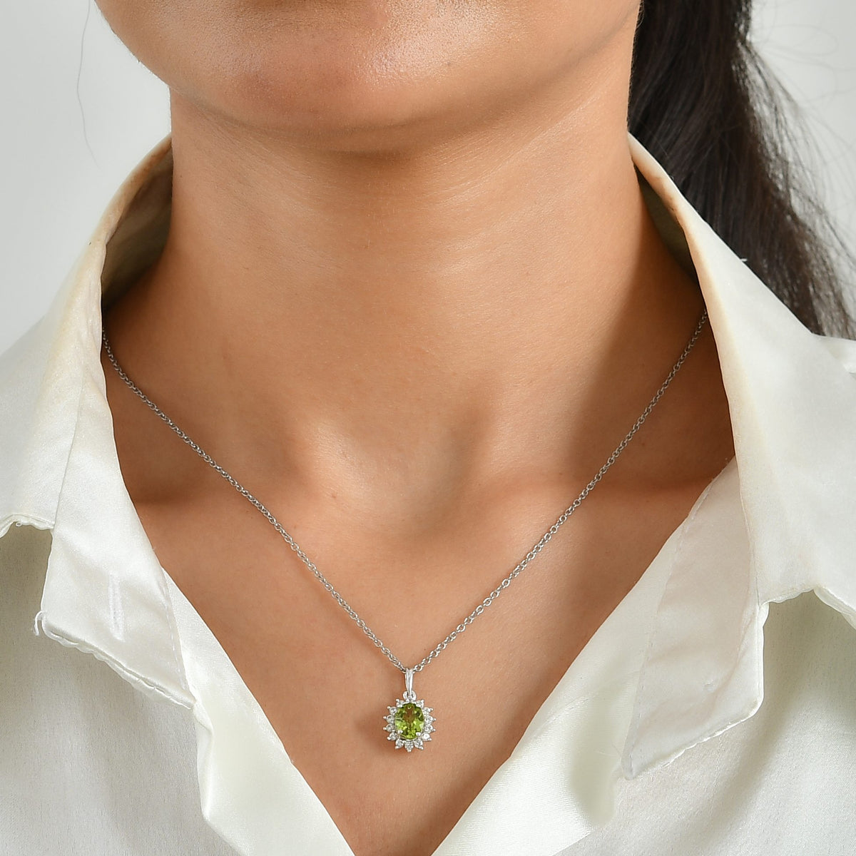 D'Joy - Natural Hebei Peridot &amp; White Zircon Halo Pendant in Platinum Overlay Sterling Silver with Chain (Size 20) 1.63 Ct. V32589320 2