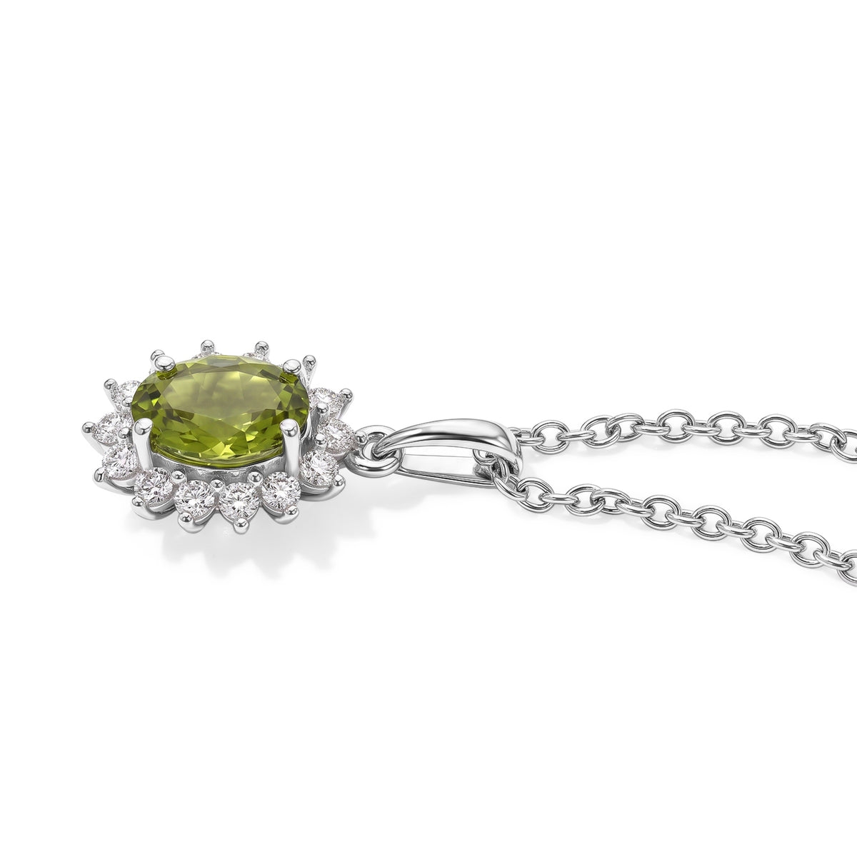 D'Joy - Natural Hebei Peridot &amp; White Zircon Halo Pendant in Platinum Overlay Sterling Silver with Chain (Size 20) 1.63 Ct. V32589320 4