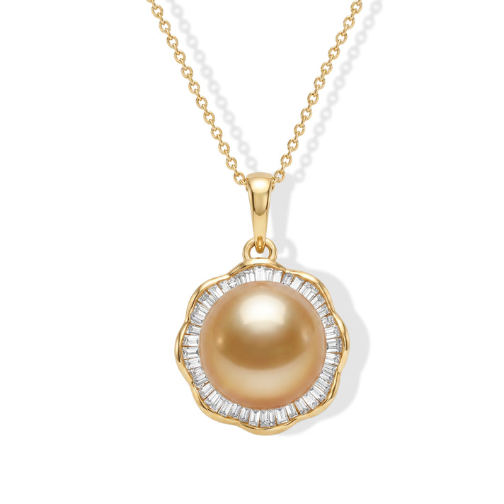 D'Joy - Premium Golden South Sea Pearl (10-11mm) &amp; Natural White Diamond Halo Pendant with Chain (Size 20) in 18K Vermeil Yellow Gold Plated Sterling Silver 10.90 Ct. 4509072 1