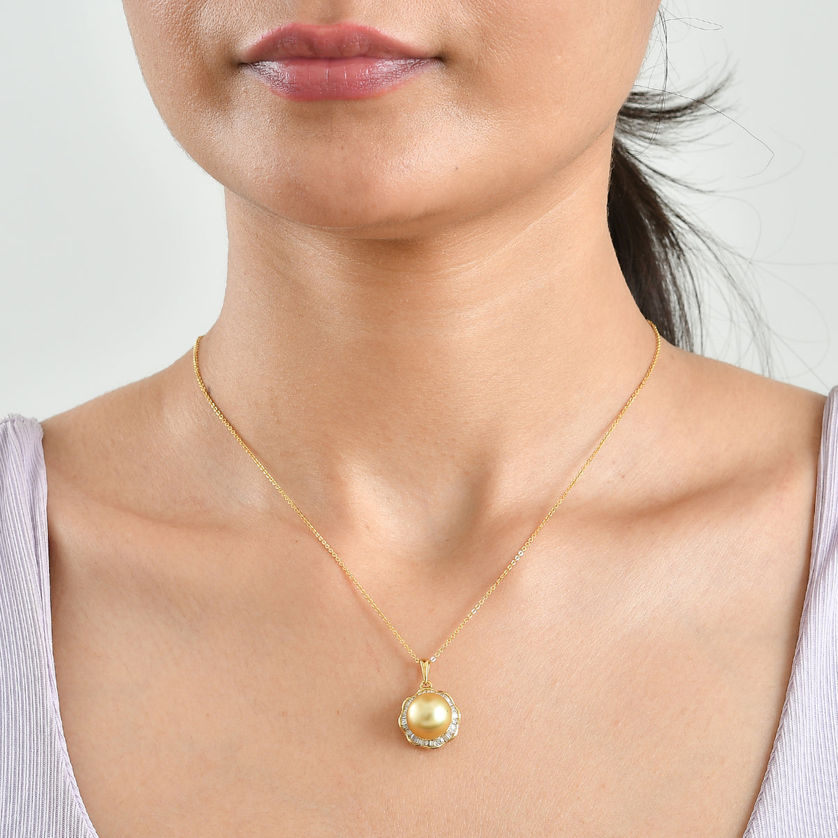 D'Joy - Premium Golden South Sea Pearl (10-11mm) &amp; Natural White Diamond Halo Pendant with Chain (Size 20) in 18K Vermeil Yellow Gold Plated Sterling Silver 10.90 Ct. 4509072 2