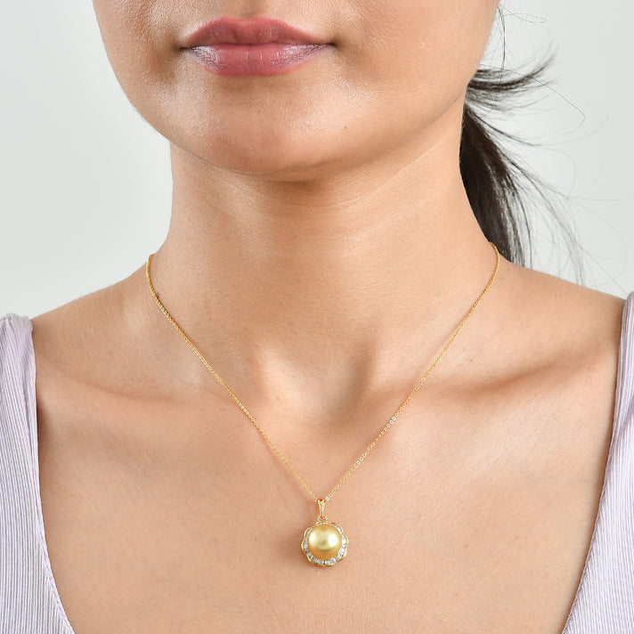 D'Joy - Premium Golden South Sea Pearl (10-11mm) &amp; Natural White Diamond Halo Pendant with Chain (Size 20) in 18K Vermeil Yellow Gold Plated Sterling Silver 10.90 Ct. 4509072 2