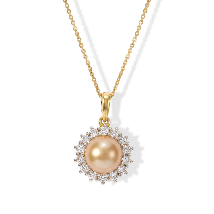 Luxuriant - AAA Golden South Sea Pearl (9-10mm) &amp; Lab Grown Diamond (SI-G-H) Halo Pendant with Chain (Size 20) in 18K Vermeil Yellow Gold Plated Sterling Silver 7.25 Ct. 4509200 1