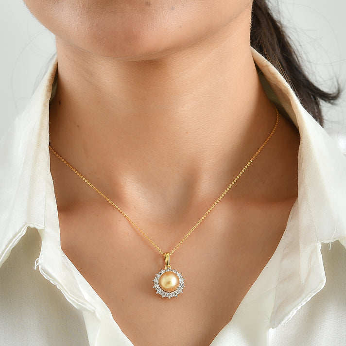Luxuriant - AAA Golden South Sea Pearl (9-10mm) &amp; Lab Grown Diamond (SI-G-H) Halo Pendant with Chain (Size 20) in 18K Vermeil Yellow Gold Plated Sterling Silver 7.25 Ct. 4509200 2