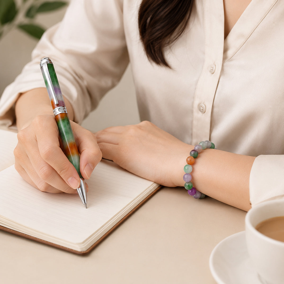 Set of 2 - Multi Jade &amp; White Glass Pen with Stretchable Bracelet (Size - 7.5) 300.00 Ct. 4509241 2