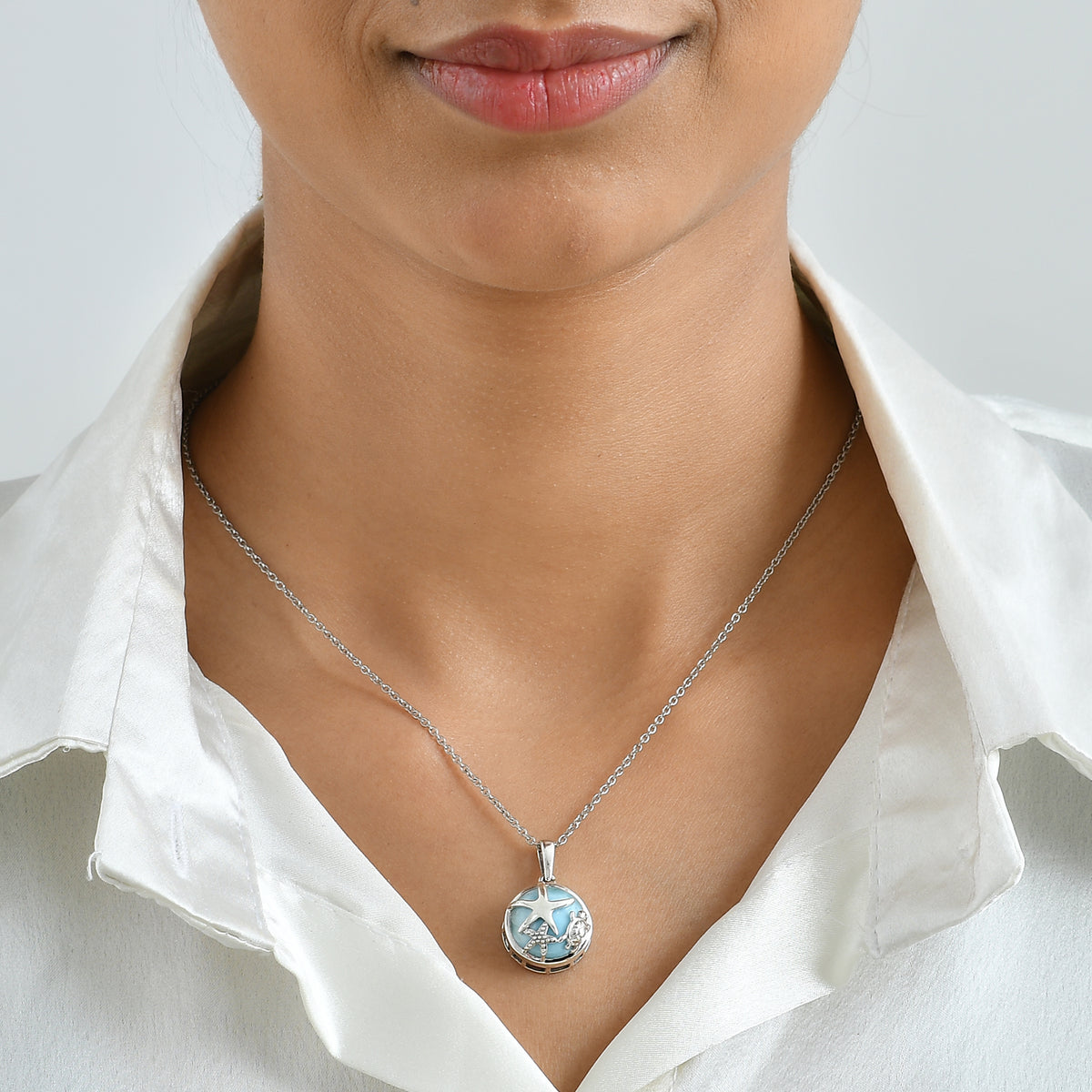 GP Capri Sealife Collection - Larimar &amp; Blue Sapphire Sea Life Pendant in Rhodium Overlay Sterling Silver with Chain (Size 20) 12.60 Ct. 4509282 2
