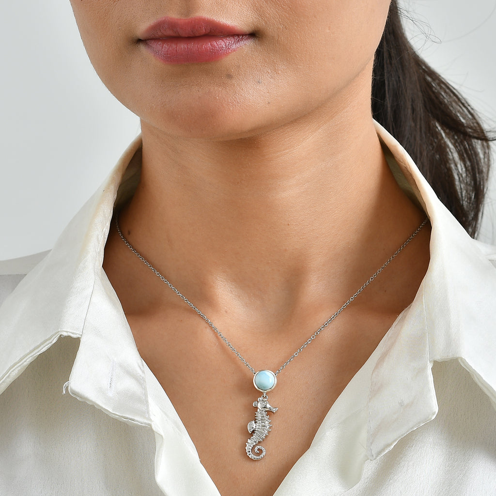 GP - Larimar & Blue Sapphire Pendant in Rhodium Overlay Sterling Silver with Chain (Size 20) 2.35 Ct._4509287_1
