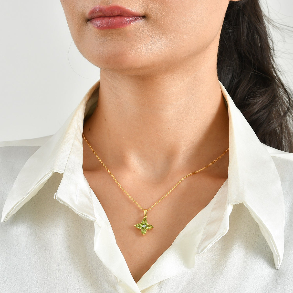 D'Joy - Natural Hebei Peridot &amp; White Zircon Floral Drop Pendant in Yellow Gold Plated Sterling Silver with Chain (Size 20) 1.80 Ct. V32564022 2