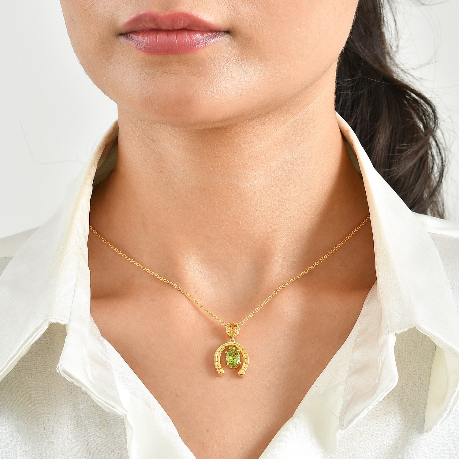 D'Joy - Natural Hebei Peridot &amp; Citrine Horseshoe Pendant in Yellow Gold Plated Sterling Silver with Chain (Size 20) 1.70 Ct. V32513018 2