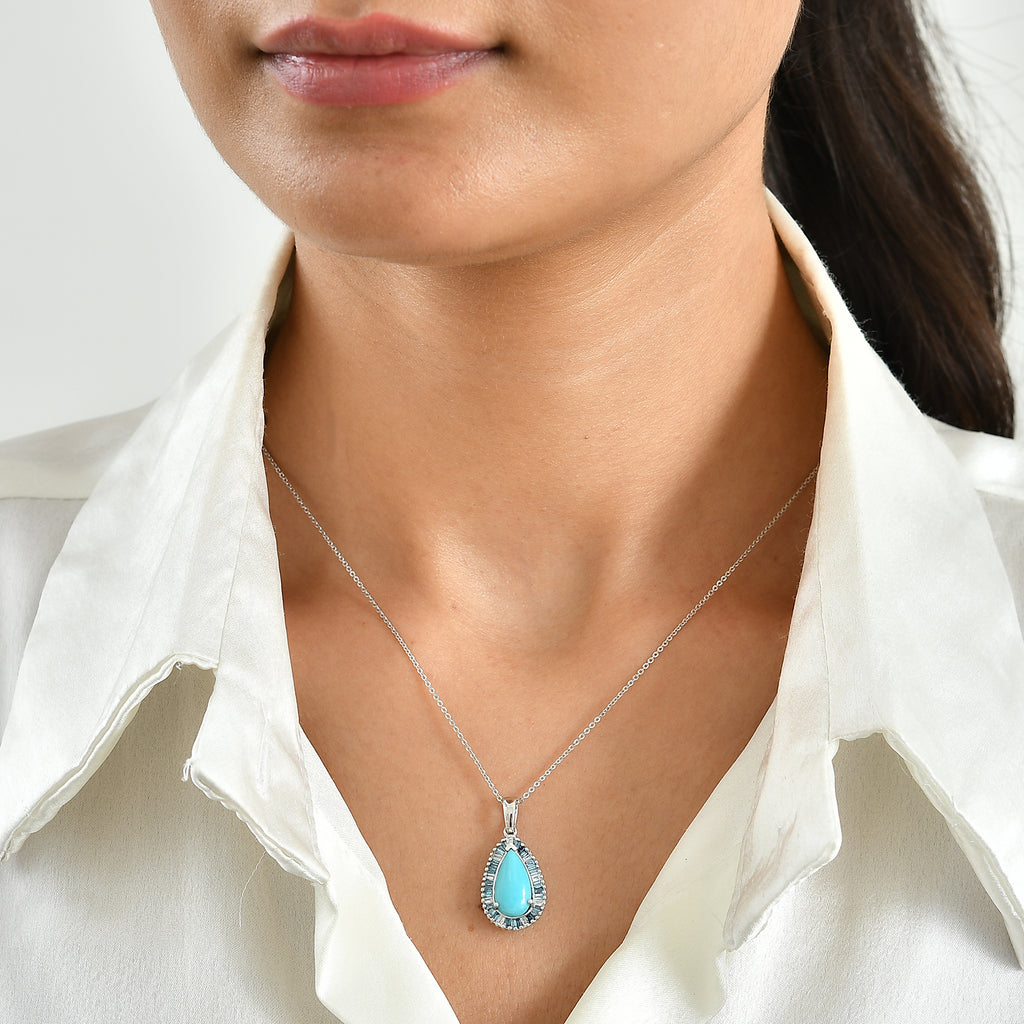 Blue Turquoise,  Lab Grown Blue Diamond,  Lab Grown Diamond Pendant with Chain (Size 20) in Rhodium Overlay Sterling Silver 0.50 ct  2.470  Ct._4509653_1