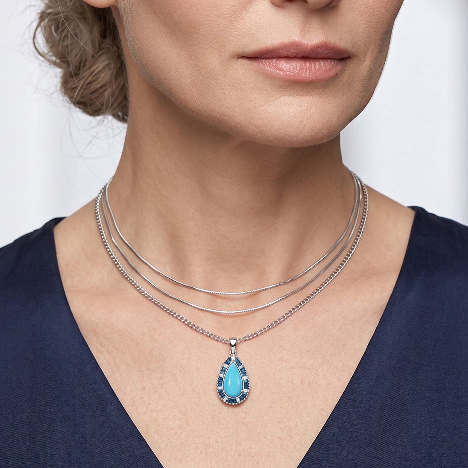 Blue Turquoise,  Lab Grown Blue Diamond,  Lab Grown Diamond Pendant with Chain (Size 20) in Rhodium Overlay Sterling Silver 0.50 ct  2.470  Ct. 4509653 2