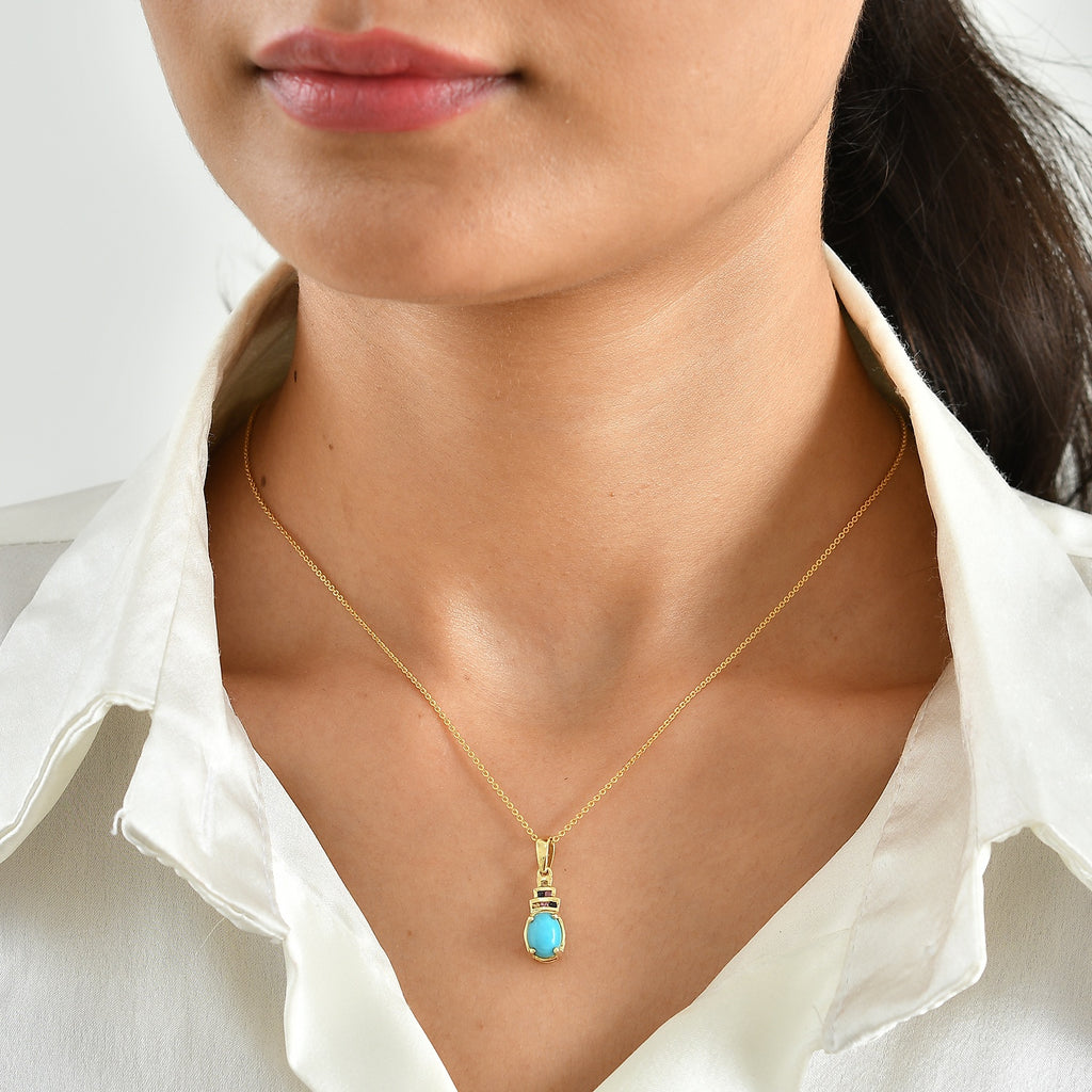 D'Joy - Natural Sleeping Beauty Turquoise & Multi Sapphire Pendant with Chain (Size 20) in Yellow Gold Plated Sterling Silver 1.30 Ct._4509906_1