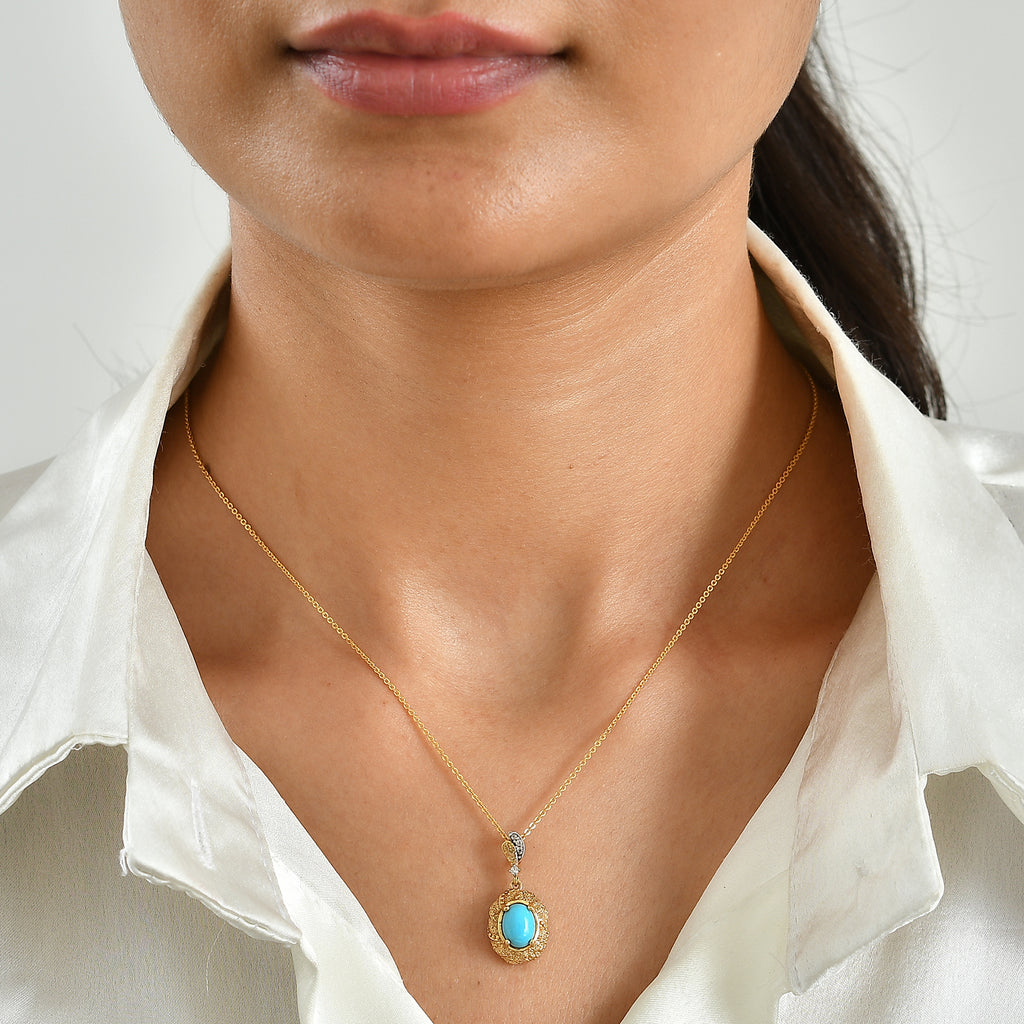 Blue Turquoise,  White Zircon Pendant with Chain (Size 20)  Sterling Silver 0.04 ct  1.120  Ct._4509995_1