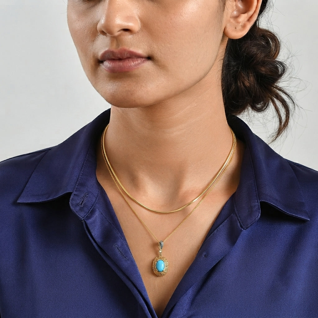 Blue Turquoise,  White Zircon Pendant with Chain (Size 20)  Sterling Silver 0.04 ct  1.120  Ct._4509995_2
