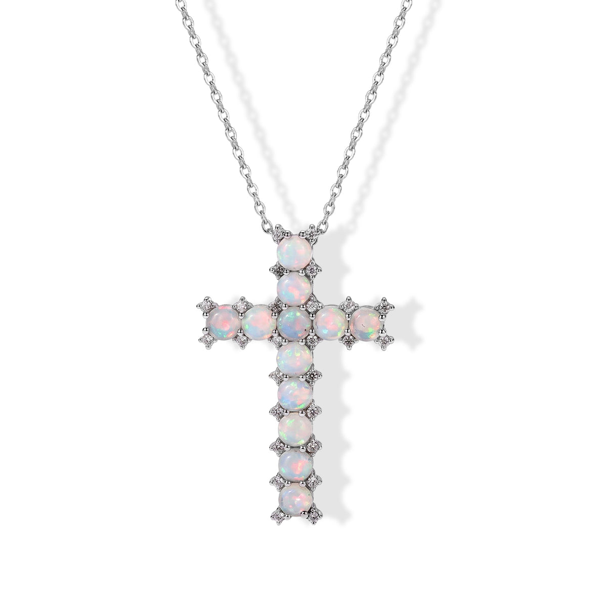 D'Joy - Ethiopian Opal &amp; White Zircon Cross Pendant with Chain (Size 20) in Rhodium Overlay Sterling Silver 2.70 Ct. 4510002 0