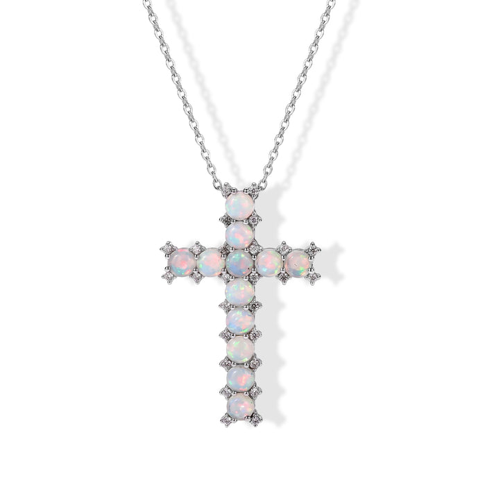 D'Joy - Ethiopian Opal &amp; White Zircon Cross Pendant with Chain (Size 20) in Rhodium Overlay Sterling Silver 2.70 Ct. 4510002 1