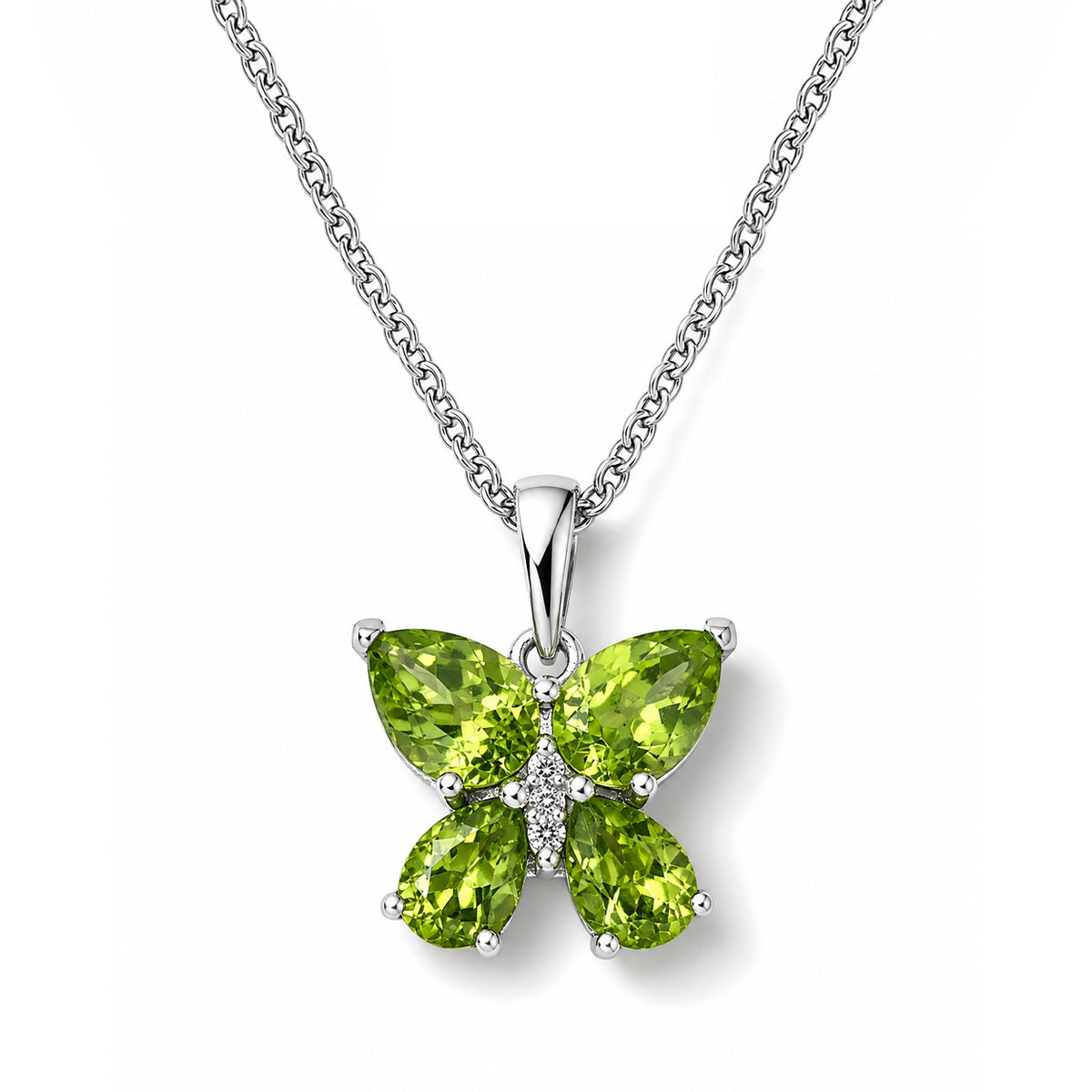 Natural Hebei Peridot &amp; Grown Diamond (SI/G-H) Butterfly Pendant in Platinum Overlay Sterling Silver with Chain (Size 20) 2.40 Ct. V32515719 0