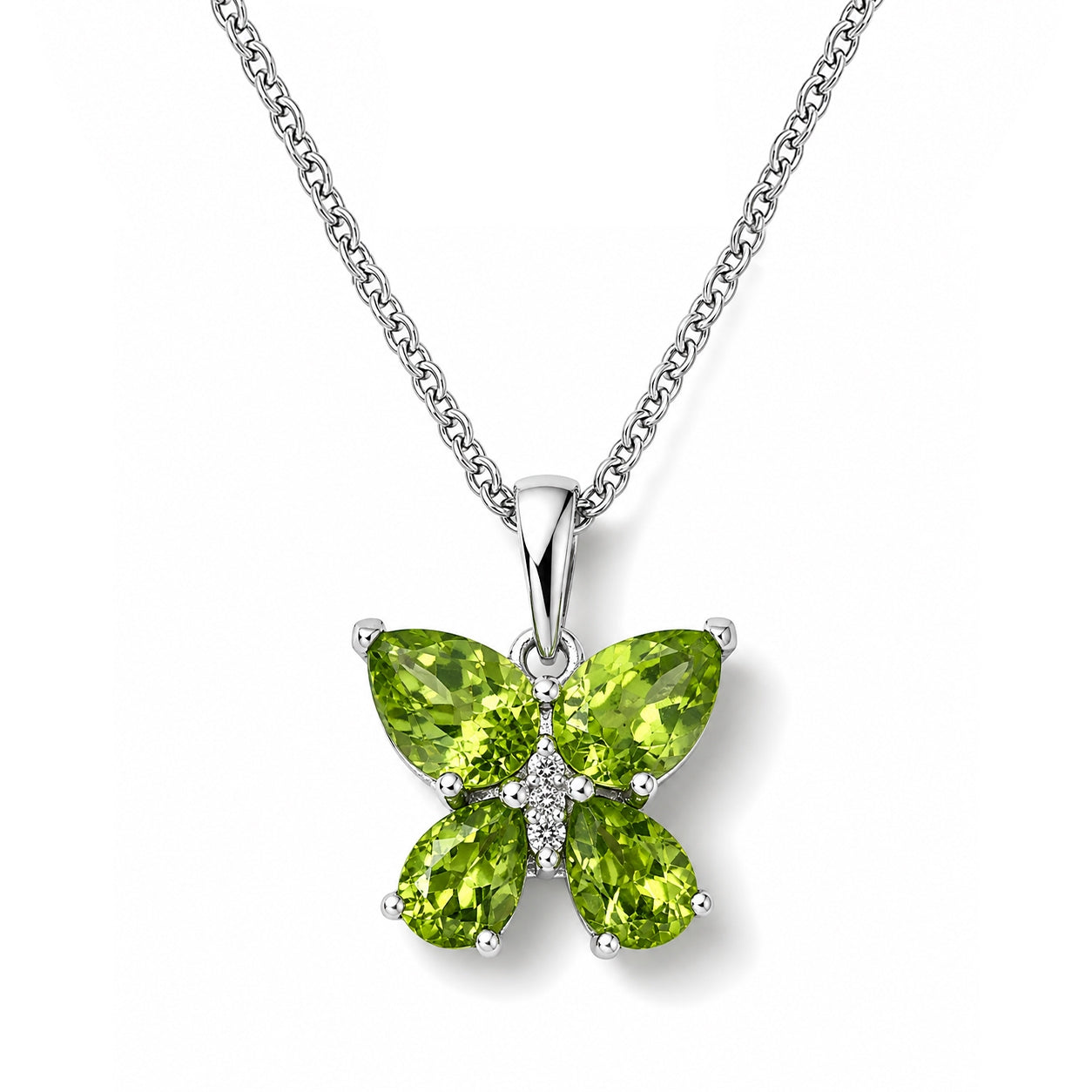 Natural Hebei Peridot &amp; Grown Diamond (SI/G-H) Butterfly Pendant in Platinum Overlay Sterling Silver with Chain (Size 20) 2.40 Ct. V32515719 0