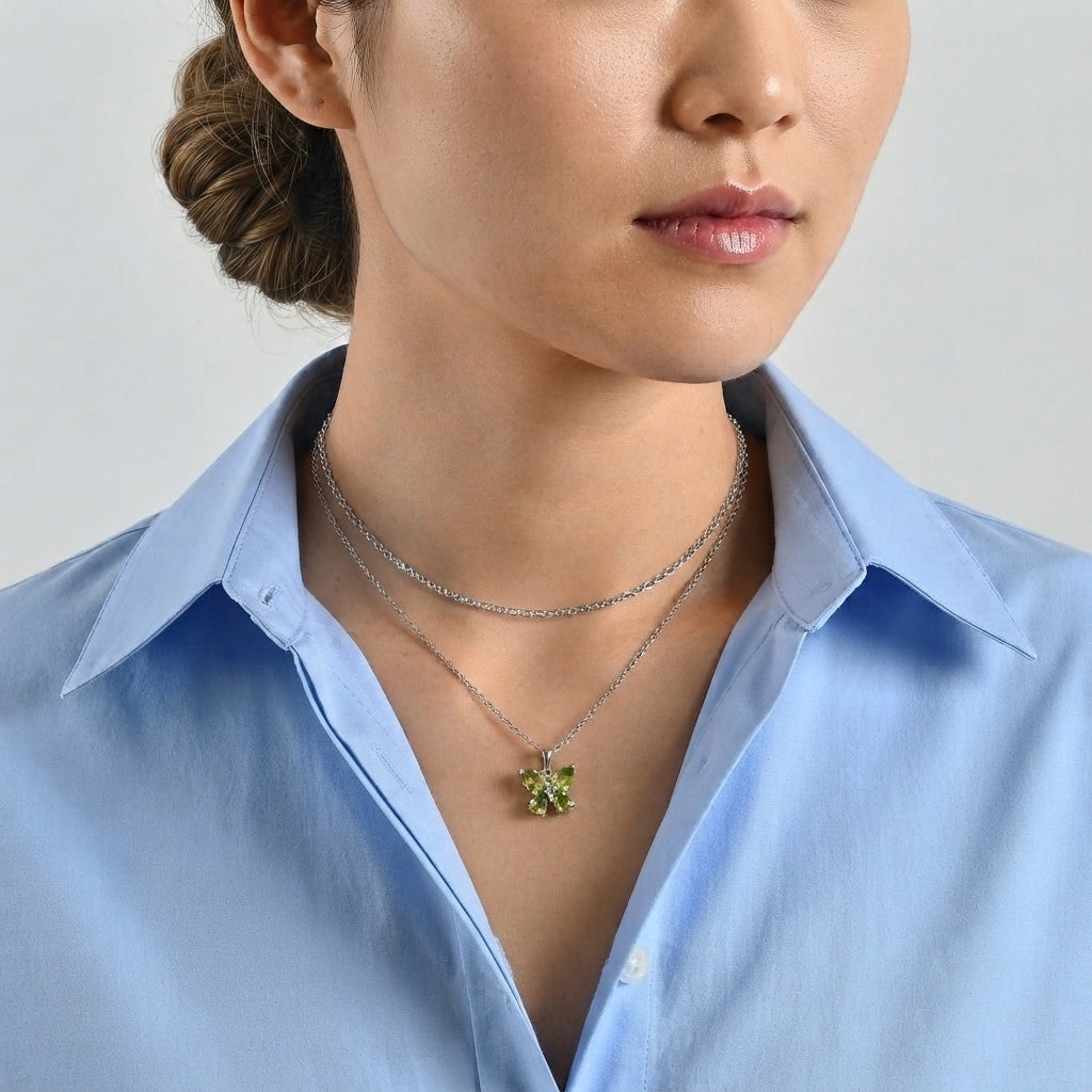 Natural Hebei Peridot &amp; Grown Diamond (SI/G-H) Butterfly Pendant in Platinum Overlay Sterling Silver with Chain (Size 20) 2.40 Ct. V32515719 3