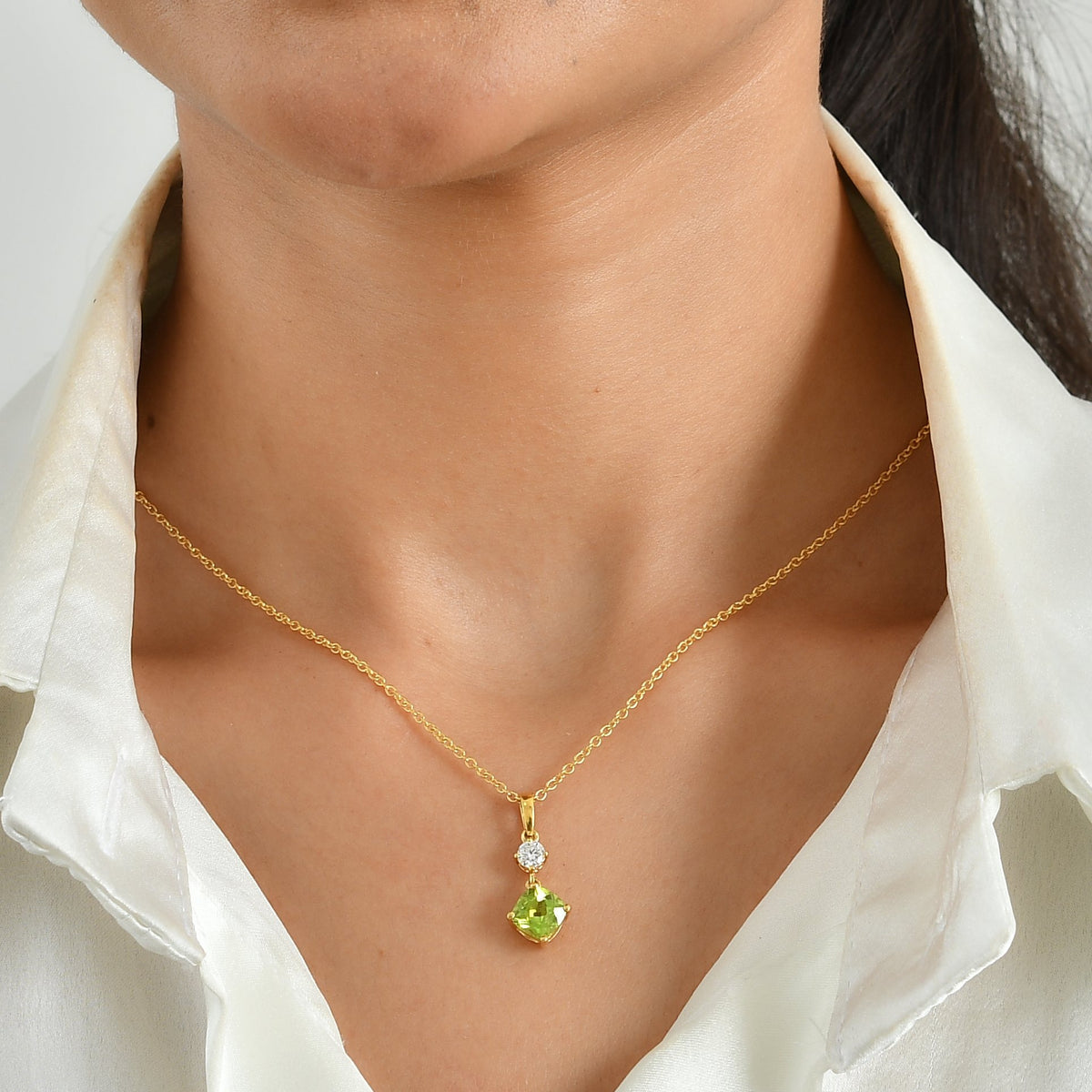 D'Joy - Natural Hebei Peridot &amp; Moissanite Drop Pendant in Yellow Gold Plated Sterling Silver with Chain (Size 20) 1.80 Ct. V32518476 2