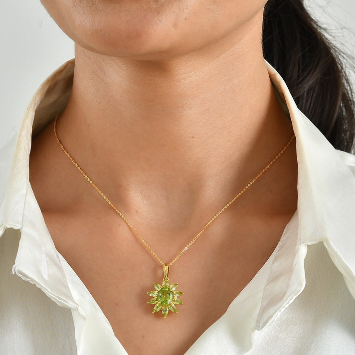 D'Joy - Natural Hebei Peridot Floral Pendant with Chain (Size 20) in 18K Vermeil Yellow Gold Plated Sterling Silver 4.00 Ct. 4510669 2