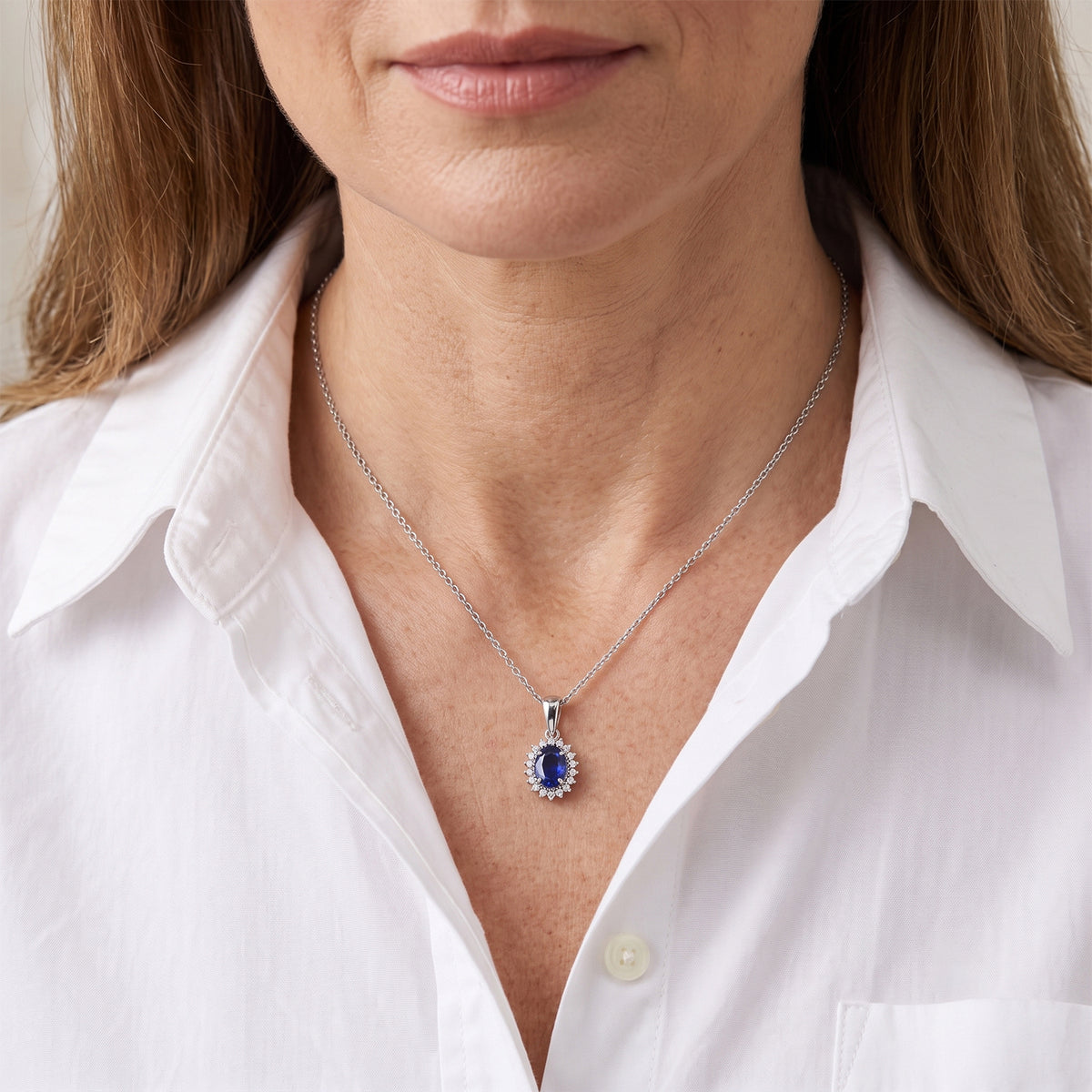 AAA Cobalt Blue Spinel &amp; Lab Grown Diamond Halo Pendant with Chain (Size 18) in Rhodium Overlay Sterling Silver 1.72 Ct. 4511359 2