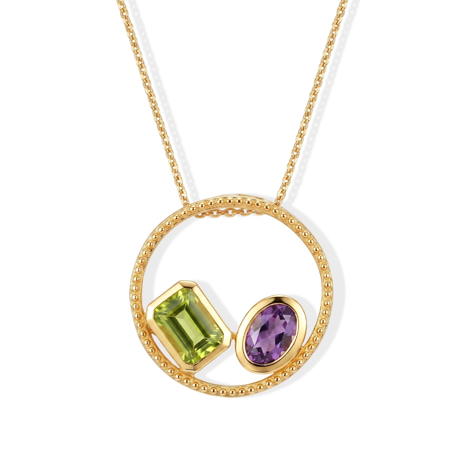 D'Joy - Natural Hebei Peridot &amp; Pink Amethyst Toi et Moi Circle Pendant with Chain (Size 20) in Yellow Gold Plated Sterling Silver 1.80 Ct. V32513514 0