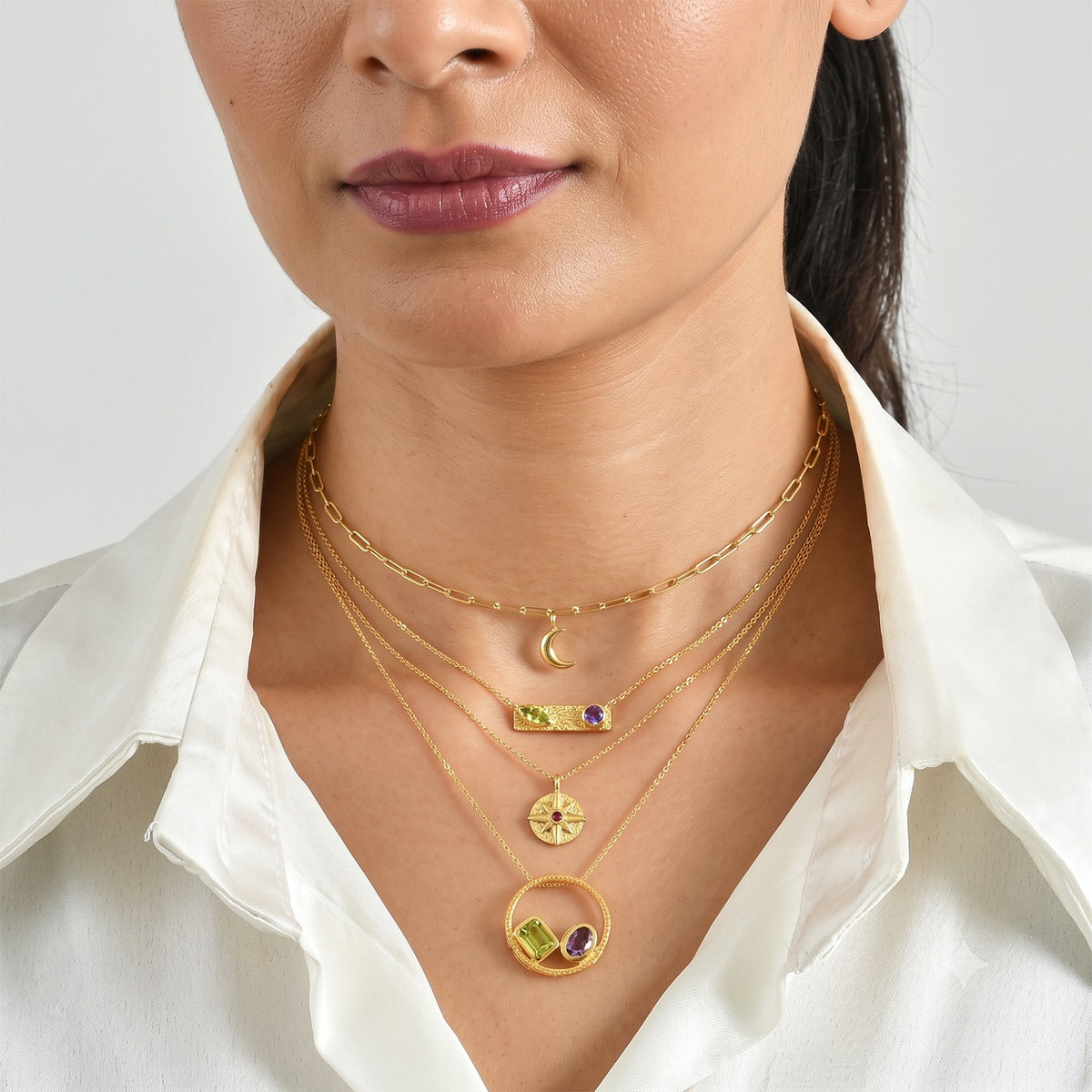 D'Joy - Natural Hebei Peridot &amp; Pink Amethyst Toi et Moi Circle Pendant with Chain (Size 20) in Yellow Gold Plated Sterling Silver 1.80 Ct. V32513514 3