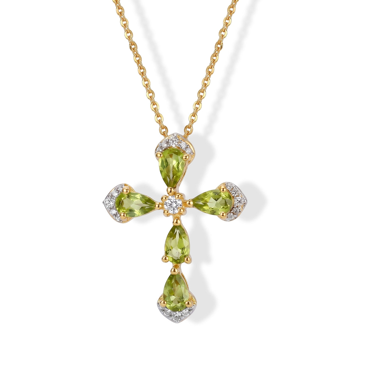 D'Joy - Natural Hebei Peridot &amp; White Zircon Cross Pendant with Chain (Size 20) in Yellow Gold Plated Sterling Silver V32576124 0