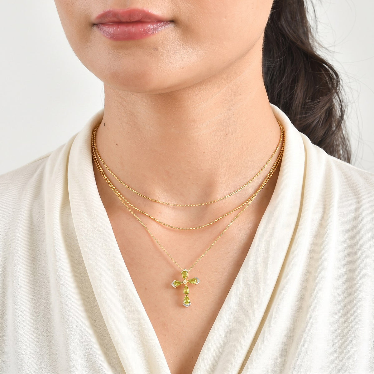 D'Joy - Natural Hebei Peridot &amp; White Zircon Cross Pendant with Chain (Size 20) in Yellow Gold Plated Sterling Silver V32576124 3