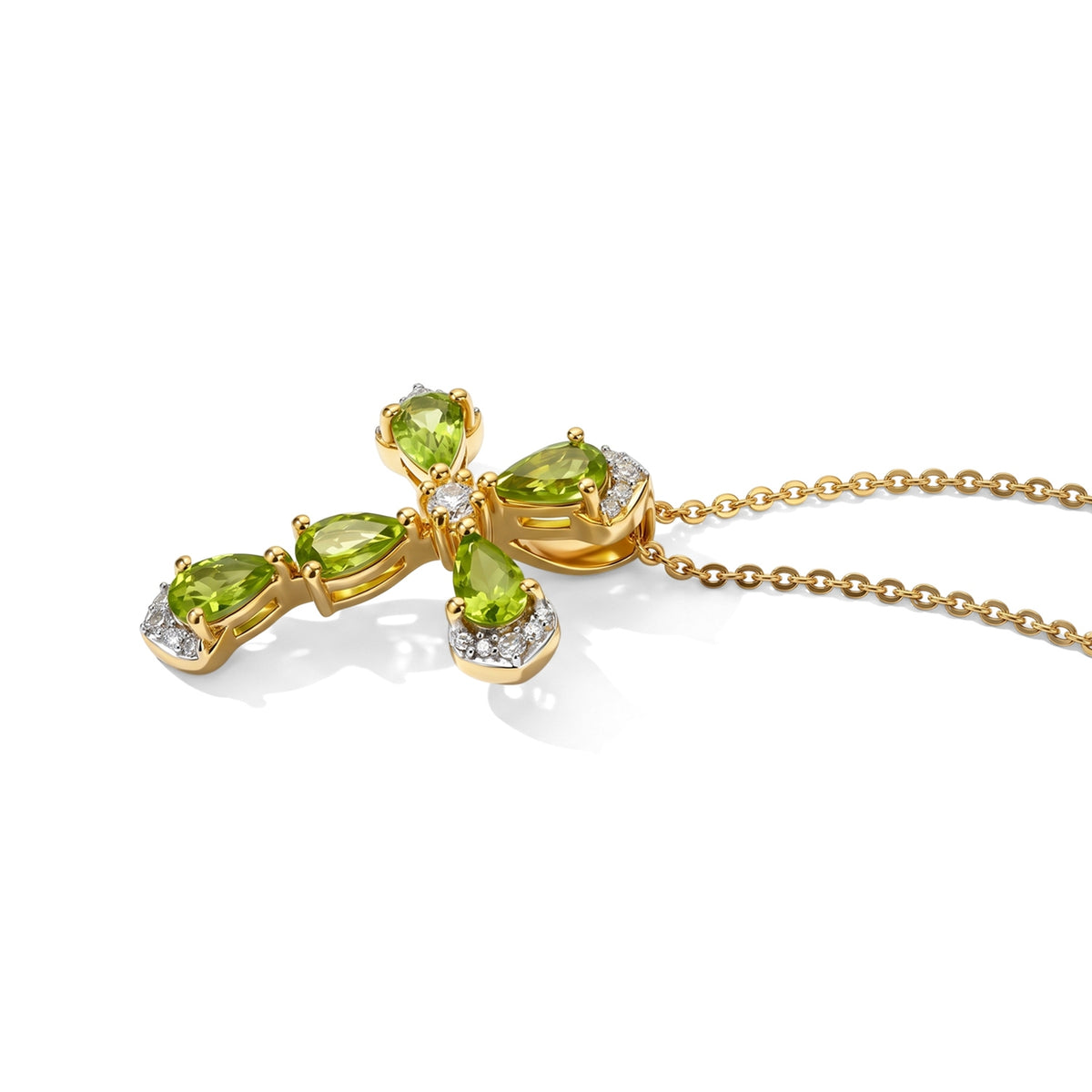 D'Joy - Natural Hebei Peridot &amp; White Zircon Cross Pendant with Chain (Size 20) in Yellow Gold Plated Sterling Silver V32576124 4