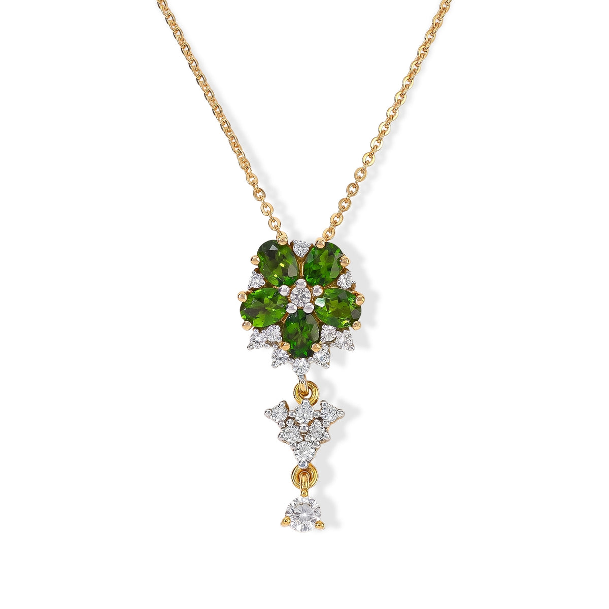 D'Joy - Natural Chrome Diopside &amp; White Zircon Floral Pendant with Chain (Size 20) in Yellow Gold Plated Sterling Silver 1.50 Ct. V32745046 0