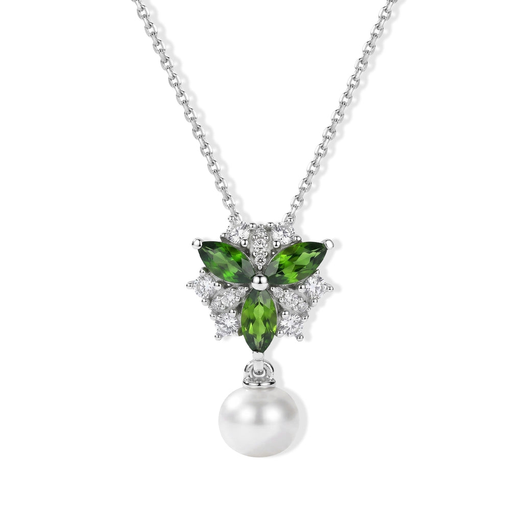 Natural Chrome Diopside,  Fresh Water Pearl,  White Zircon Pendant with Chain (Size 20) in Platinum Overlay Sterling Silver 2.30 ct  3.200  Ct._4512266