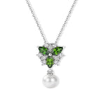 Natural Chrome Diopside,  Fresh Water Pearl,  White Zircon Pendant with Chain (Size 20) in Platinum Overlay Sterling Silver 2.30 ct  3.200  Ct._4512266